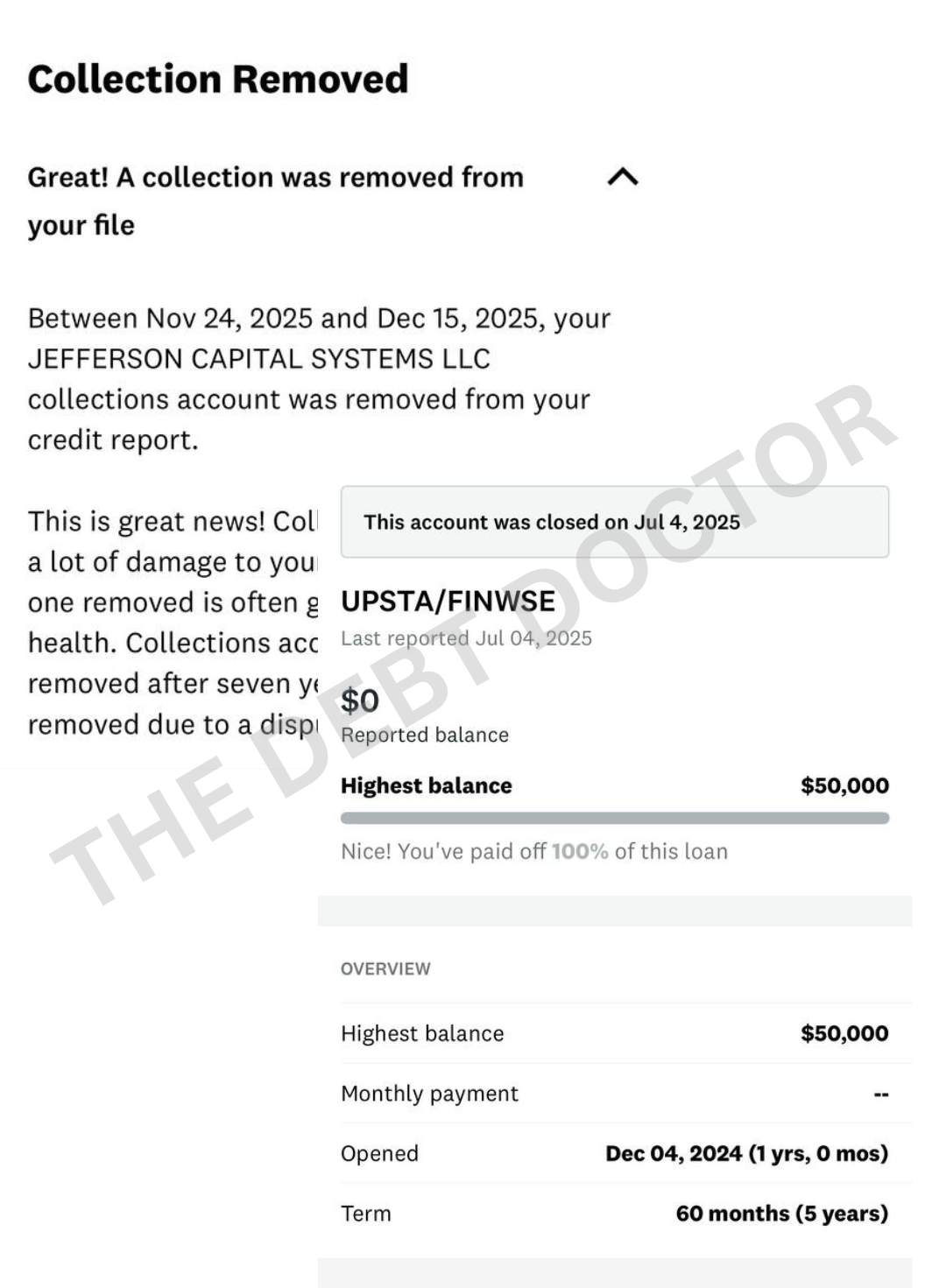 $50,000 loan · $0 reported balance — UPSTA/FINWSE · Closed July 4, 2025