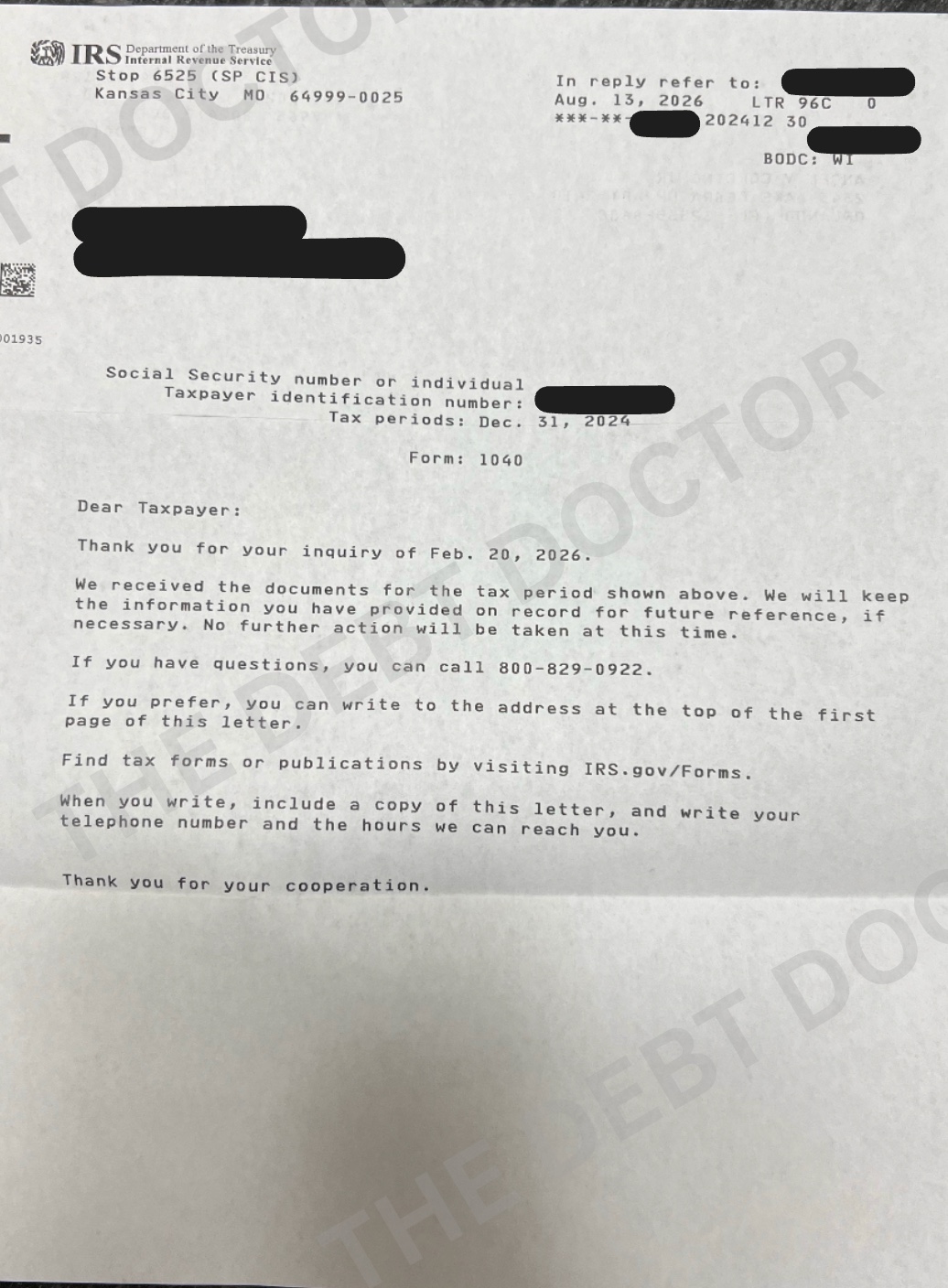 No further action at this time — August 13, 2026 · Letter 96C