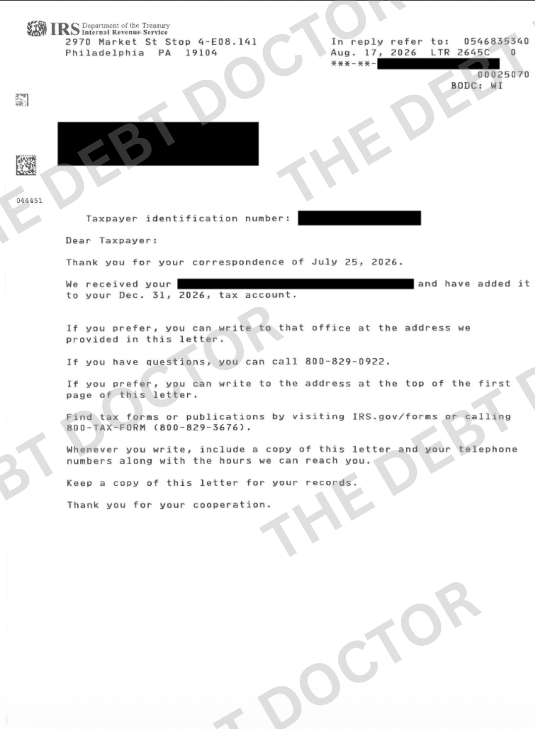 Correspondence acknowledged — August 17, 2026 · Letter 2645C