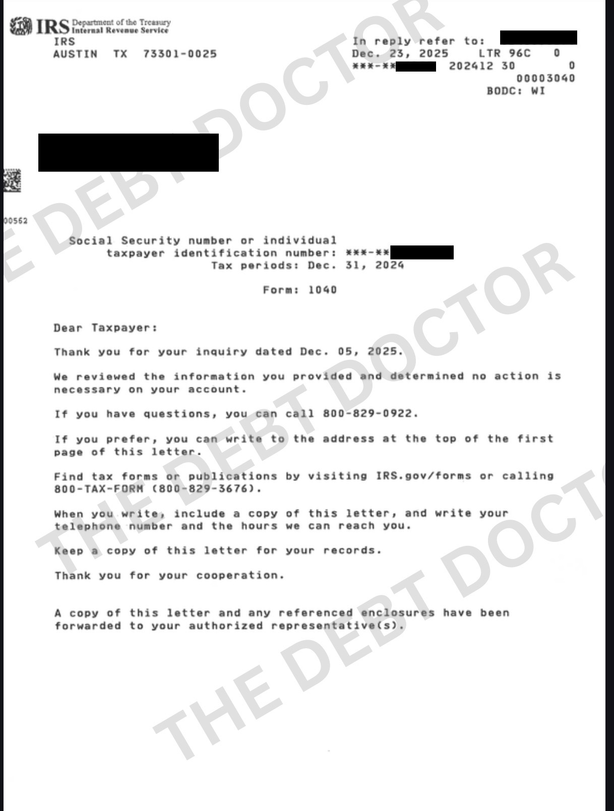 No action necessary — December 23, 2025 · Letter 96C