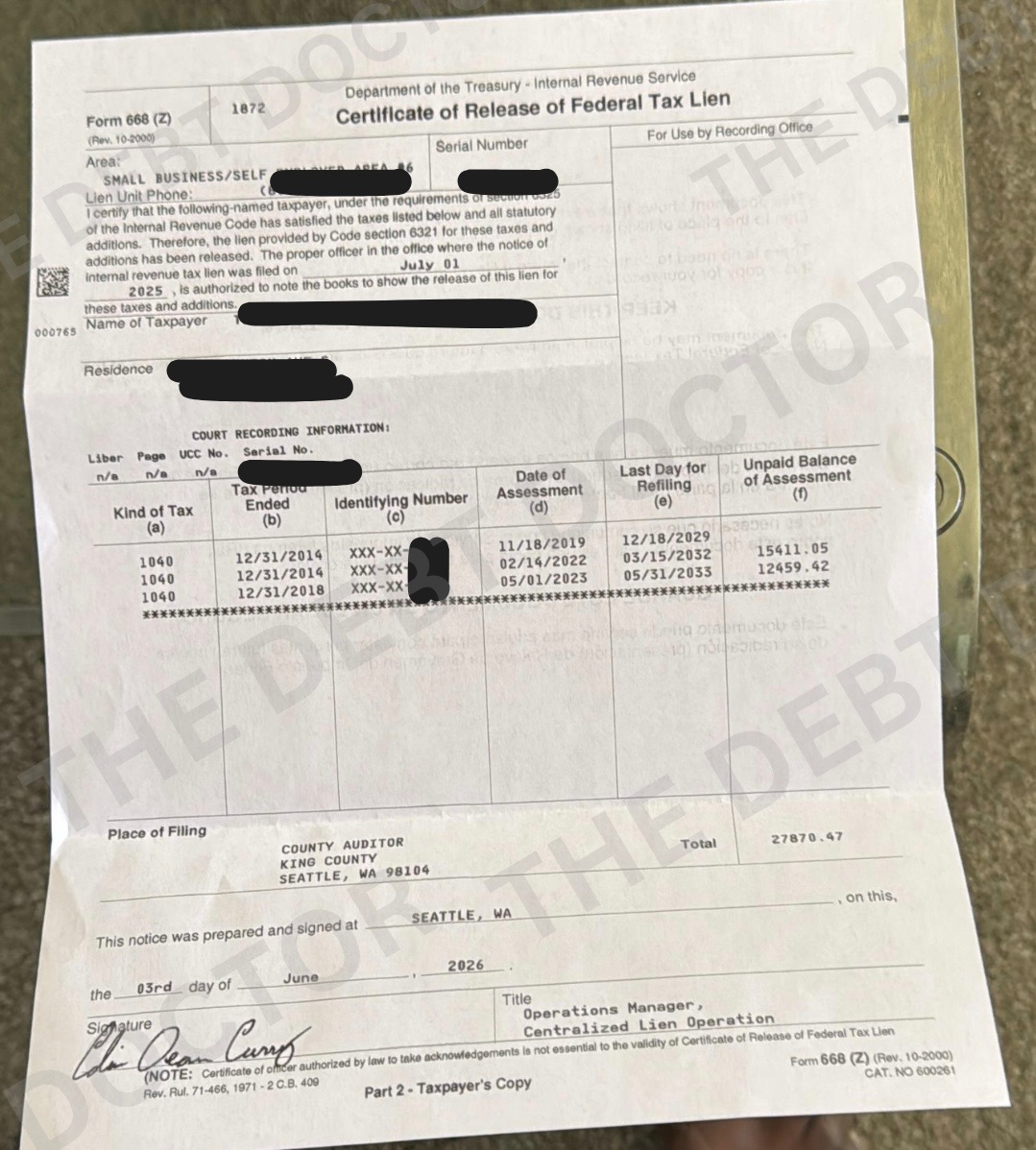 Federal tax lien released — $27,870.47 listed