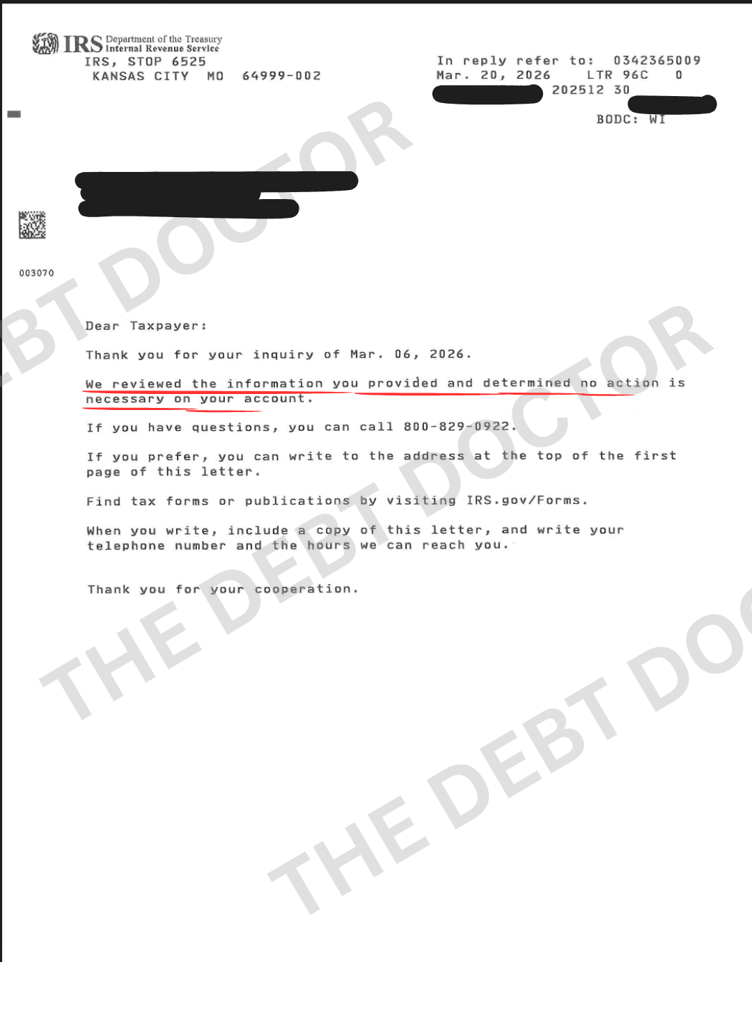 No action necessary — March 20, 2026 · Letter 96C