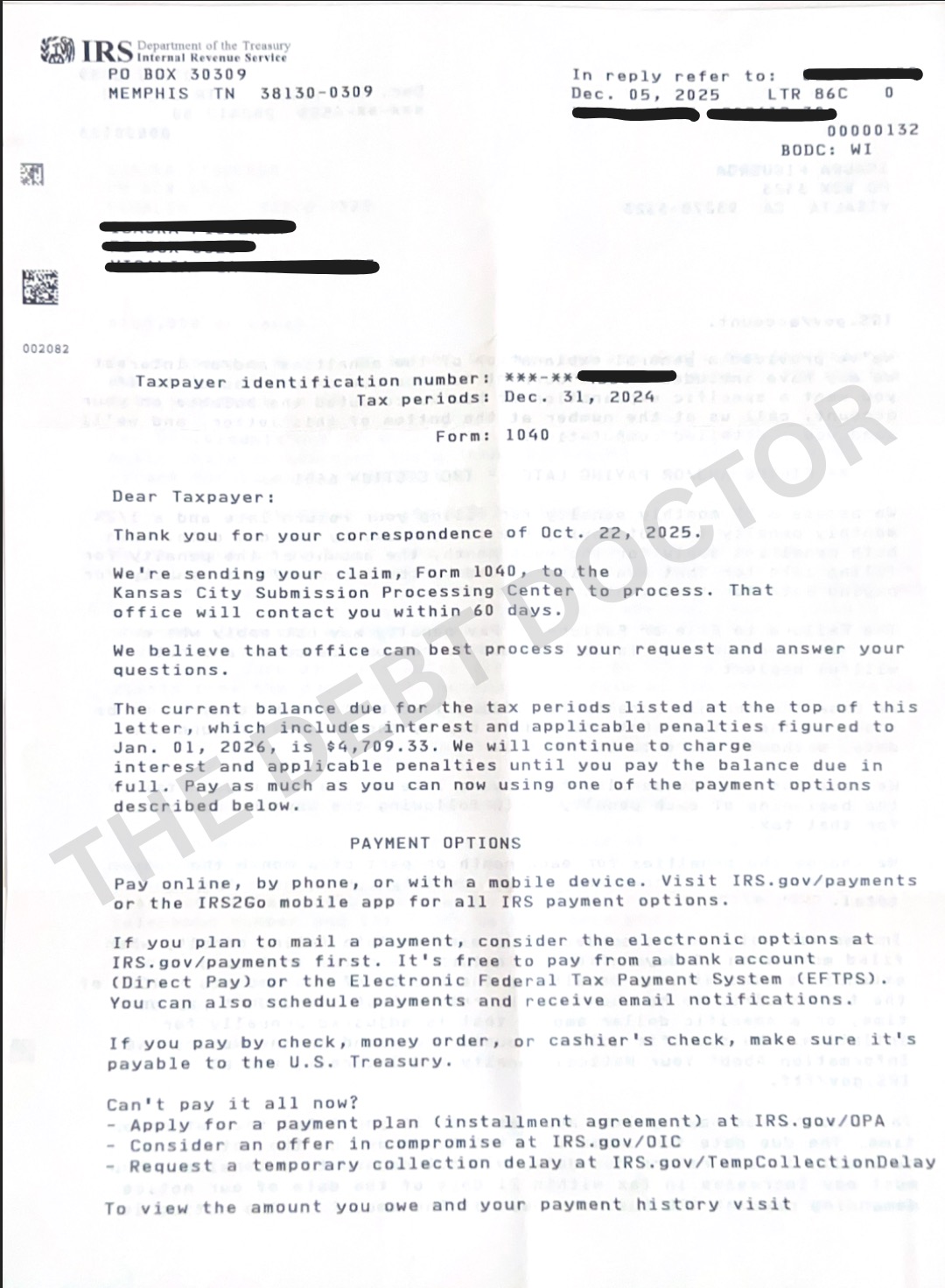 Claim forwarded for processing — December 5, 2025 · Letter 86C