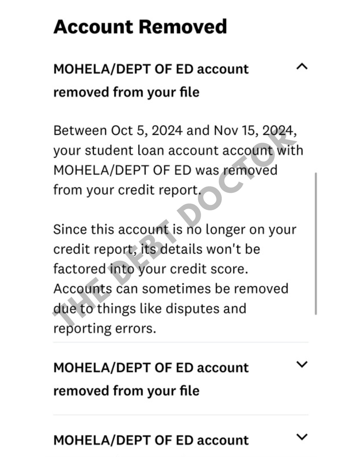 MOHELA / Department of Education removed — Student loan credit-report entries